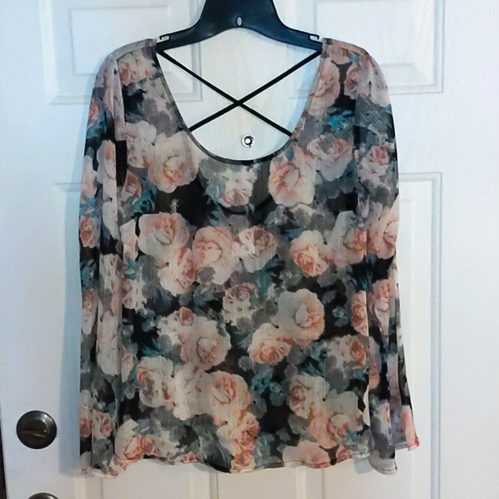 Ladies Society Girl sheer black & pink floral blouse Sz S